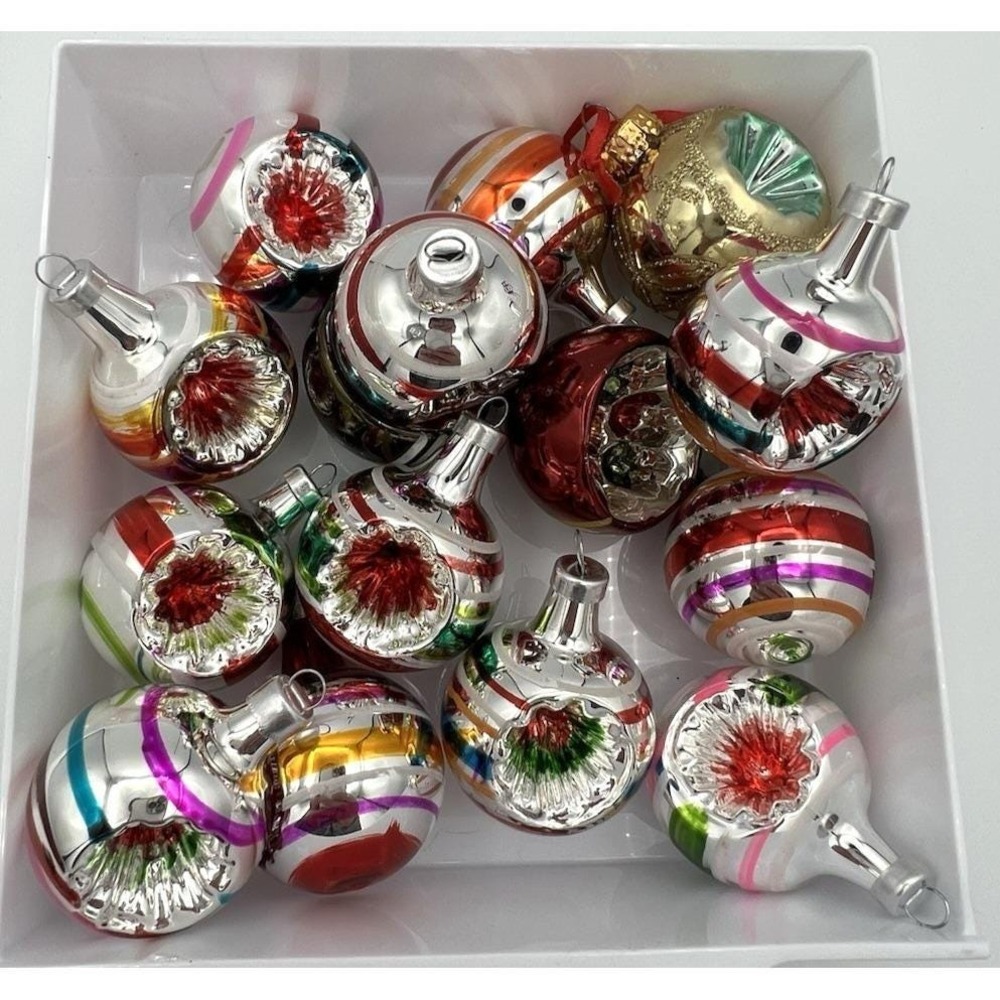 15 Shiny Brite ? Glass Small Christmas Ornaments Indent with Stripes Lot Vintage